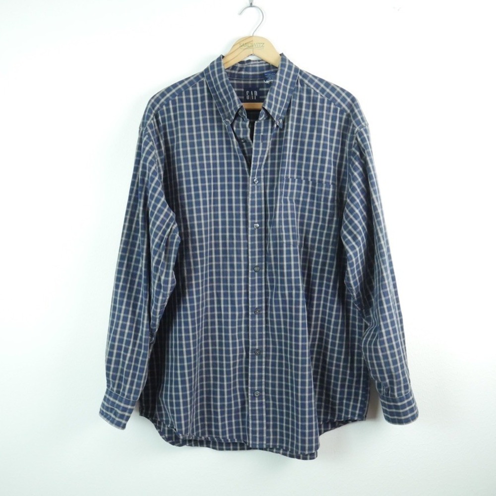 Vintage Gap Mens XL Blue Button Down Shirt 90s Grunge Plaid Dad Normcore Minimal